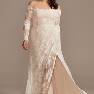 Melissa Sweet Off-Shoulder Lace Wedding Dress in Cream Altered Size 14